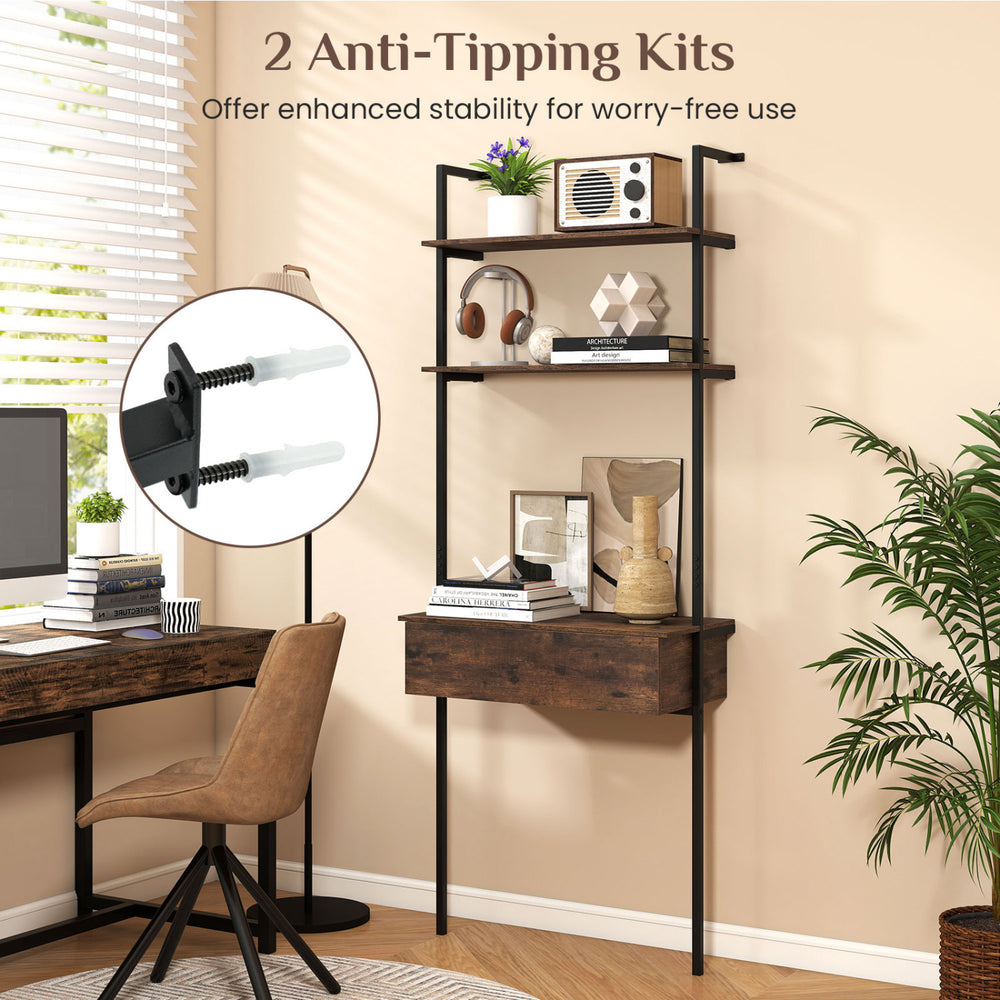 4-tier ladder bookshelf with drawer and metal frame in rustic brown, designed for compact spaces and enhanced stability.