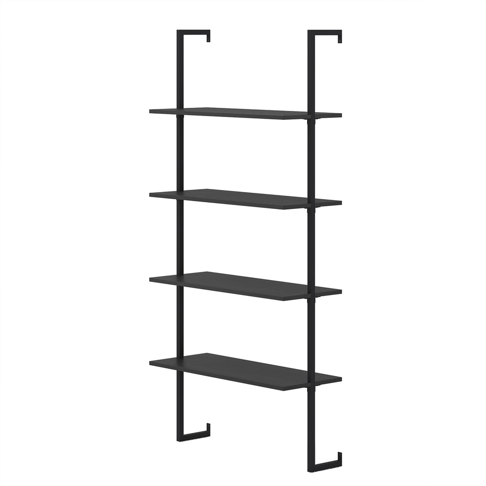 4-tier ladder shelf with black metal frame and wooden boards, ideal for wall-mounted storage in living room or kitchen.
