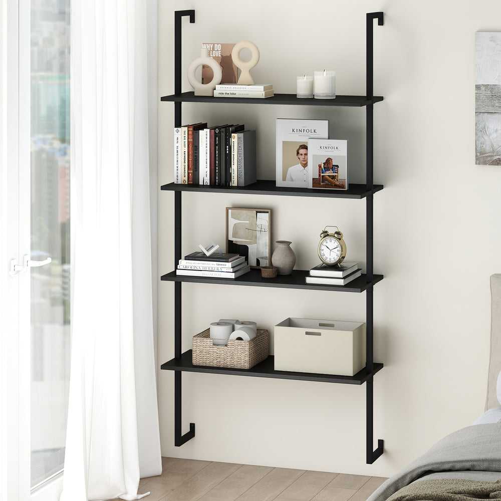 4-tier ladder shelf in black featuring thick wooden boards and a sturdy metal frame, ideal for stylish wall-mounted.