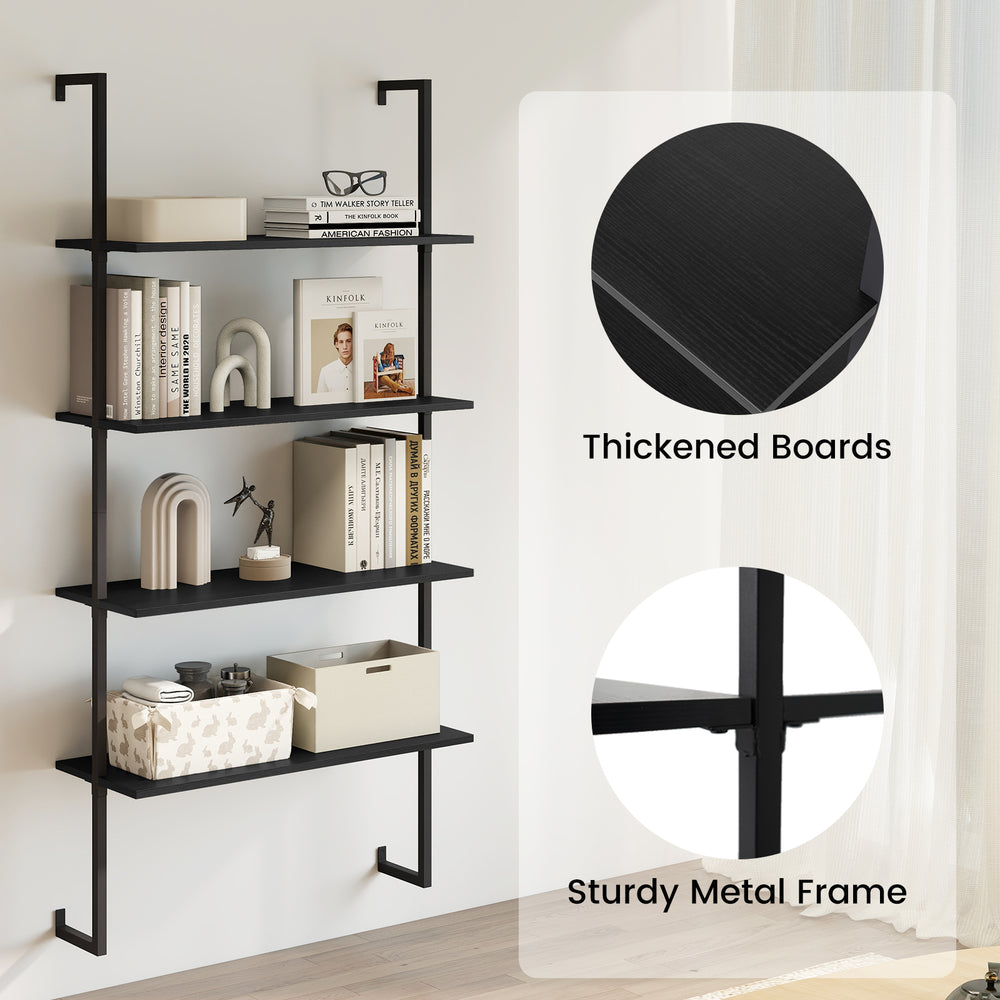 4-tier wall-mounted ladder shelf in black with thickened wooden boards and sturdy metal frame, perfect for any room.