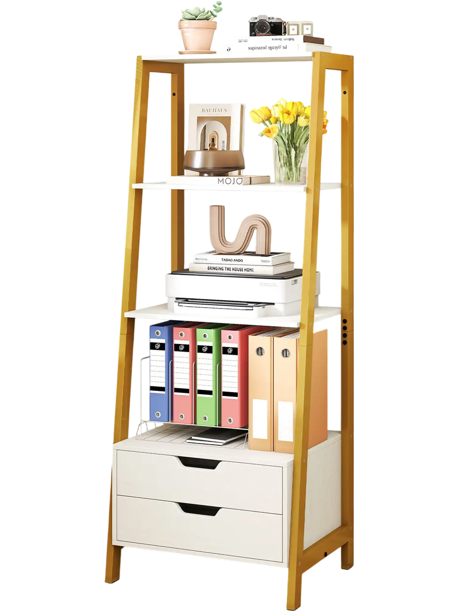 Costway 4-Tier Ladder Bookshelf Bookcase w/ 2 Drawers 52.5