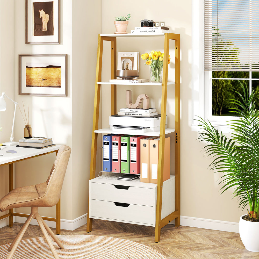 4-Tier Ladder Shelf with 2 Drawers 52.5 Inch Tall Freestanding Bookcase-White - Gallery View 1 of 10
