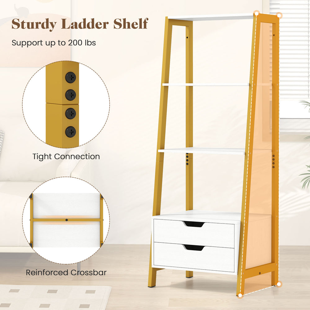 4-tier ladder shelf with 2 drawers, white finish, sturdy metal frame, ideal for storage and decoration in any room.