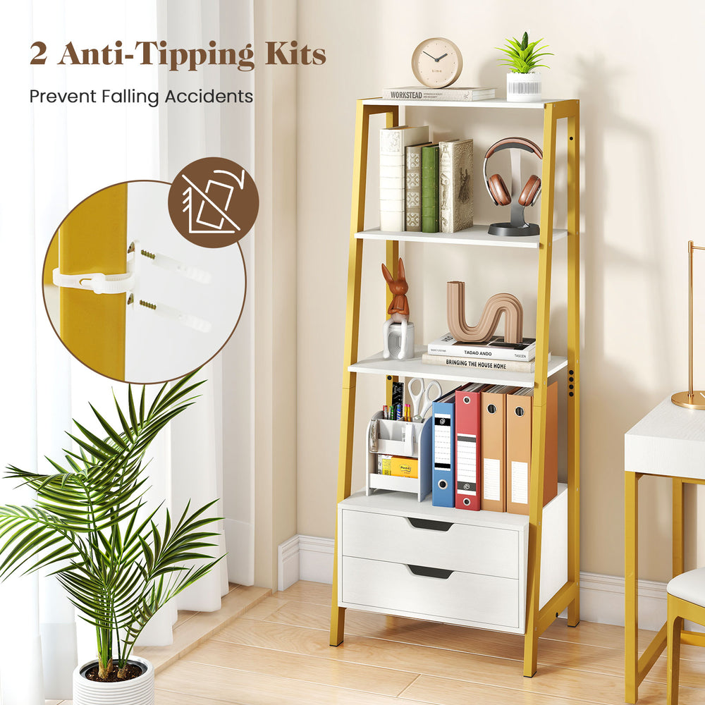 4-tier ladder shelf with 2 drawers in white, featuring anti-tipping kits and a sturdy metal frame for safe storage.