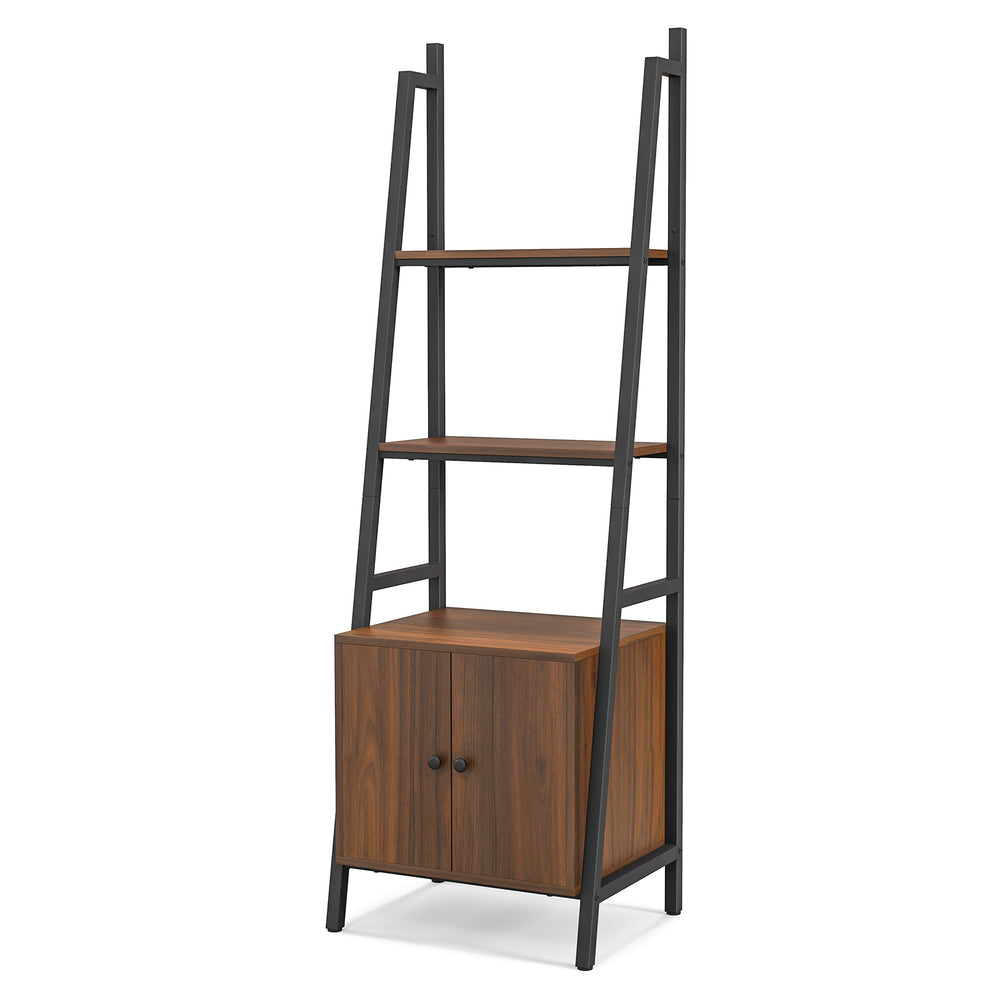 4-tier ladder shelf in rustic brown with metal frame and cabinet, ideal for living room or study storage and display.
