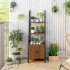 4-tier ladder shelf in rustic brown with metal frame, featuring a cabinet, perfect for plants and home decor on a.