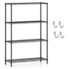 4-tier black metal storage shelving unit with adjustable shelves and 4 removable hooks, ideal for garage or kitchen.