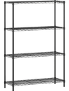 4-tier black metal storage shelving unit with adjustable shelves and V-shaped wire rack, ideal for kitchen and garage.