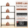 4-tier black metal storage shelving unit with V-shaped mesh, 1000 lbs capacity, ideal for garage and pantry.
