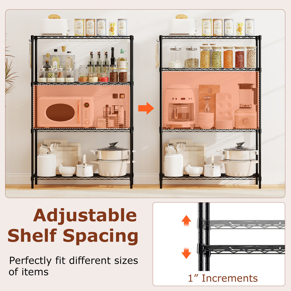 4-tier black metal storage shelving unit with adjustable shelves, ideal for organizing kitchen and garage items.