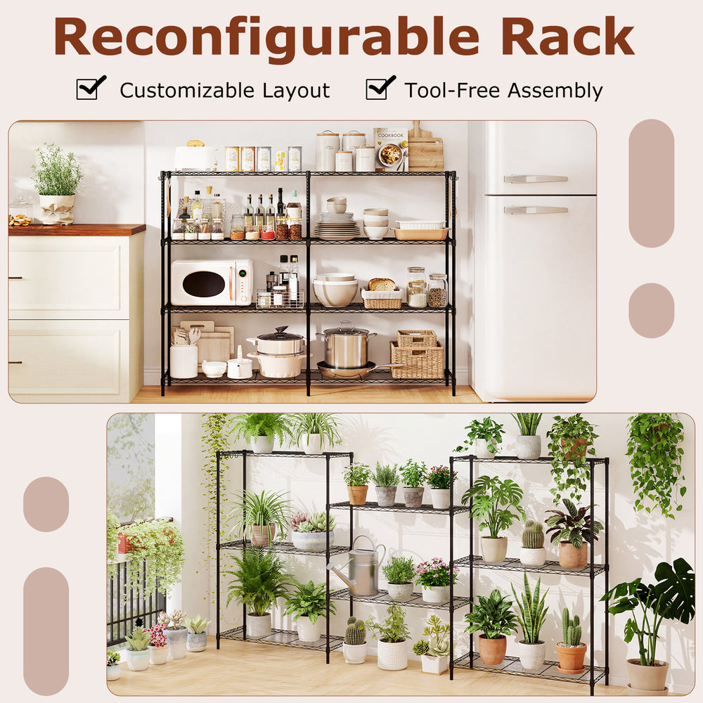 4-tier black metal storage shelving unit with adjustable shelves, ideal for kitchen or garage organization.