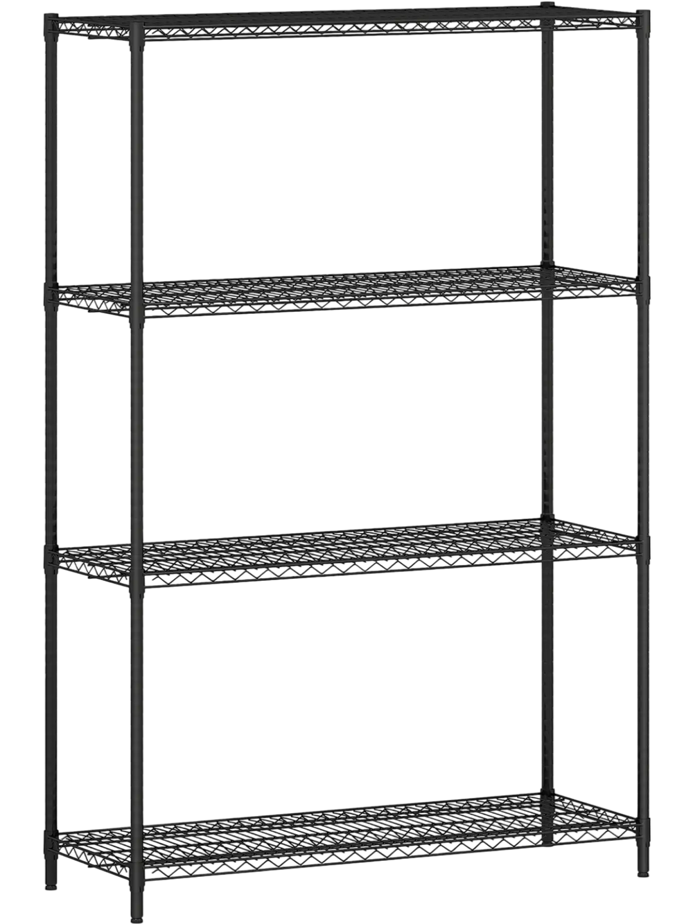 4-tier black metal storage shelving unit with V-shaped wire racks, adjustable shelves for versatile organization in.