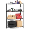 4-tier black metal storage shelving unit with adjustable shelves, tools, and boxes, ideal for garage or basement.