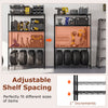 4-tier black metal storage shelving unit with adjustable shelves, ideal for organizing tools and tires in various.