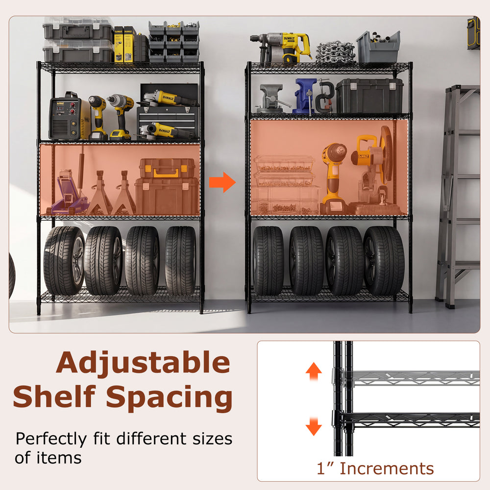 4-tier black metal storage shelving unit with adjustable shelves, ideal for organizing tools and tires in various.