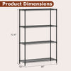 4-tier black metal storage shelving unit with adjustable shelves, measuring 72.5" high, ideal for garage or kitchen use.