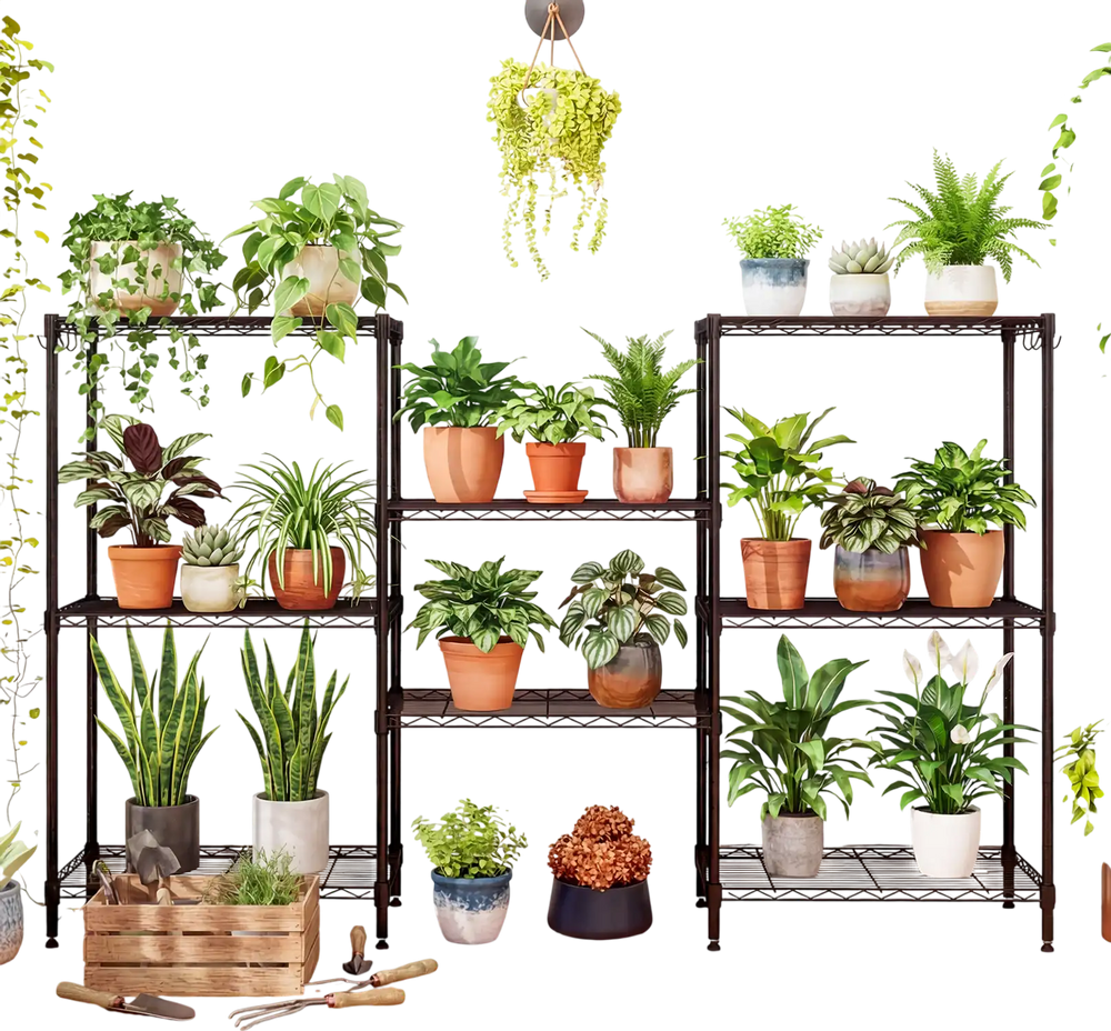 4-tier black metal storage shelving unit set of 2, featuring adjustable shelves and V-shaped mesh design for plant.