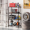 4-tier black metal storage shelving unit with adjustable shelves and hooks, ideal for garage organization.