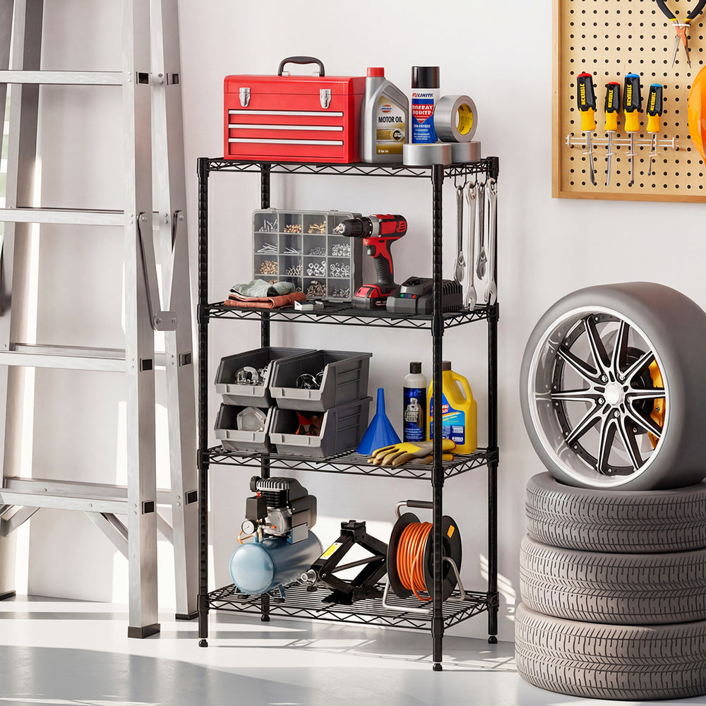 4-tier black metal storage shelving unit with adjustable shelves and hooks, ideal for garage organization.