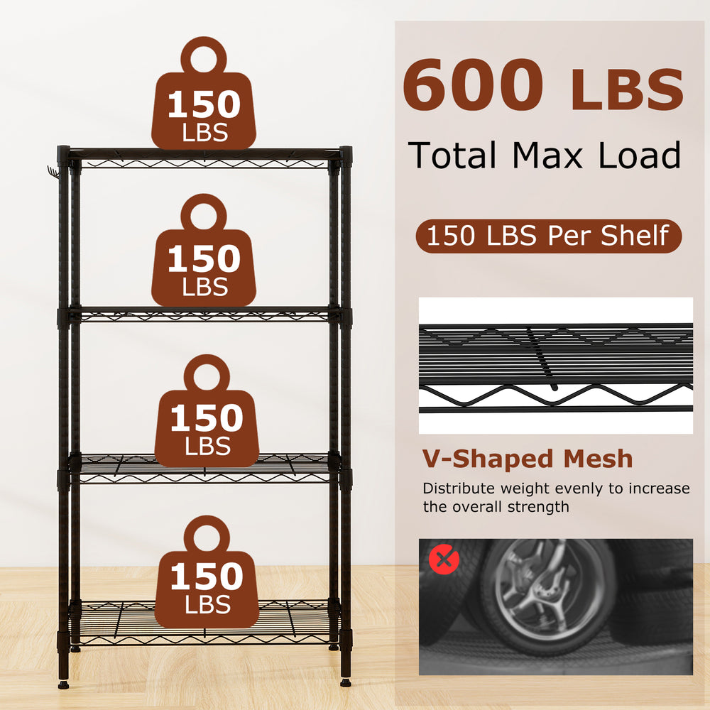 4-tier black metal storage shelving unit with V-shaped mesh, holding 150 lbs per shelf, ideal for garage and kitchen.