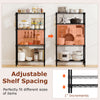 4-tier black metal storage shelving unit with adjustable shelves, ideal for organizing kitchen or garage items.