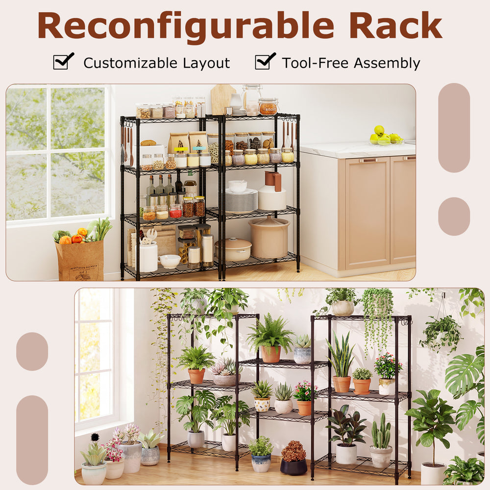 4-tier black metal storage shelving unit with adjustable shelves, ideal for kitchen and pantry organization.