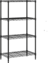 4-tier black metal storage shelving unit with adjustable shelves and removable hooks, ideal for kitchen and garage.