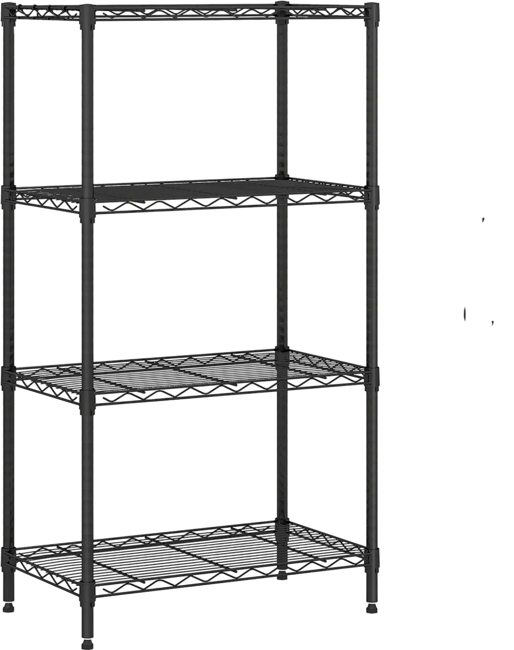 4-tier black metal storage shelving unit with adjustable shelves and removable hooks, ideal for kitchen and garage.