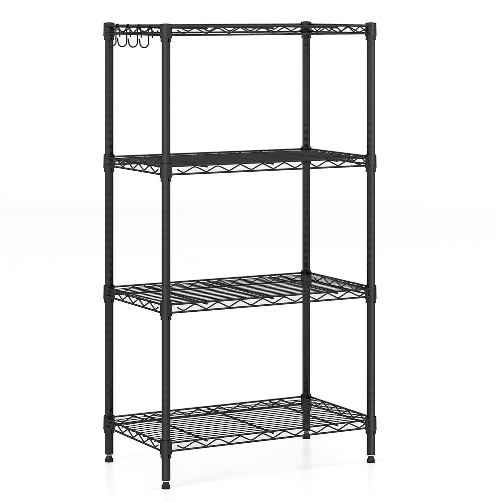 4-tier black metal storage shelving unit with adjustable shelves and V-shaped wire rack for kitchen or garage.