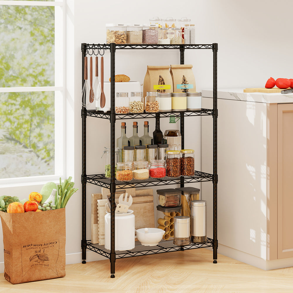 4-tier black metal storage shelving unit featuring reinforced V-shaped mesh design, perfect for pantry or garage.