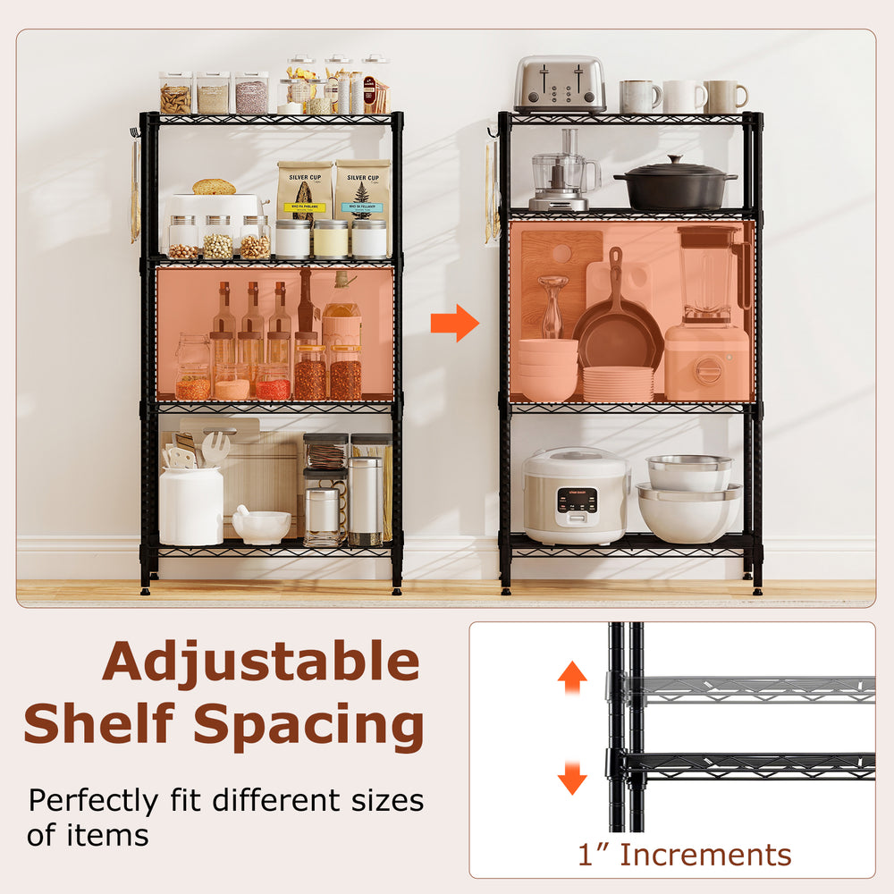 4-tier black metal storage shelving unit with adjustable shelf spacing, ideal for organizing kitchen and pantry items.