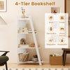 4-tier white wooden bookshelf with sturdy support, ideal for magazines, plants, and decor in small spaces.