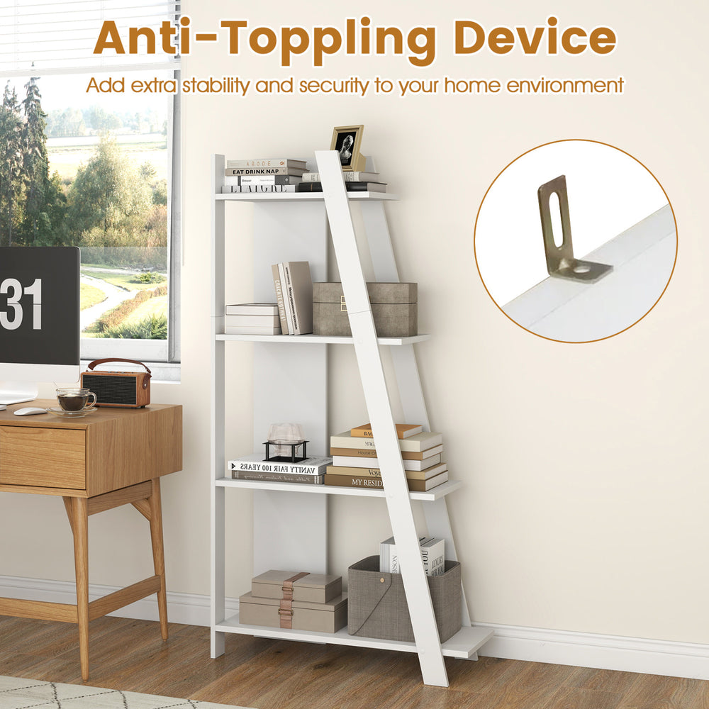 4-tier white wooden bookshelf with anti-toppling device, ideal for small spaces and displaying books and decor.