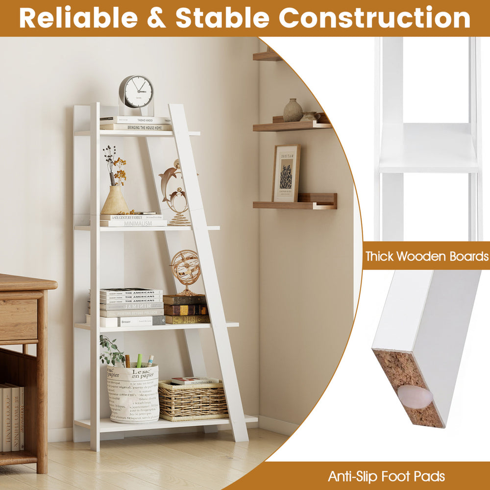 4-tier modern white bookshelf with thick wooden boards and anti-slip foot pads, ideal for small spaces and home decor.
