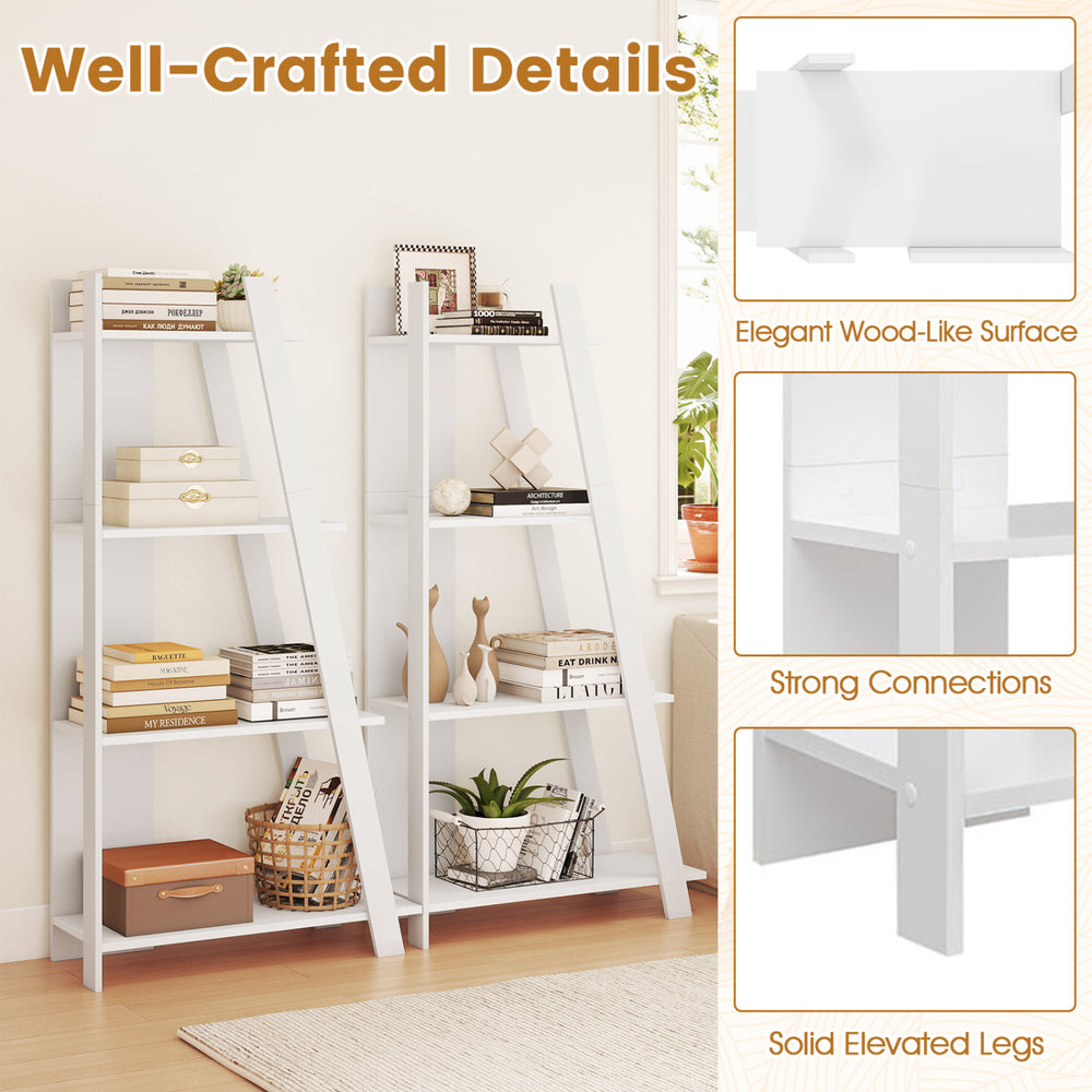 4-tier white bookshelf with elegant wood-like surface, strong connections, and solid elevated legs for small spaces.