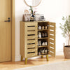 4-tier wooden shoe cabinet in oak with louvered doors, removable shelves, and spacious countertop for organized storage.