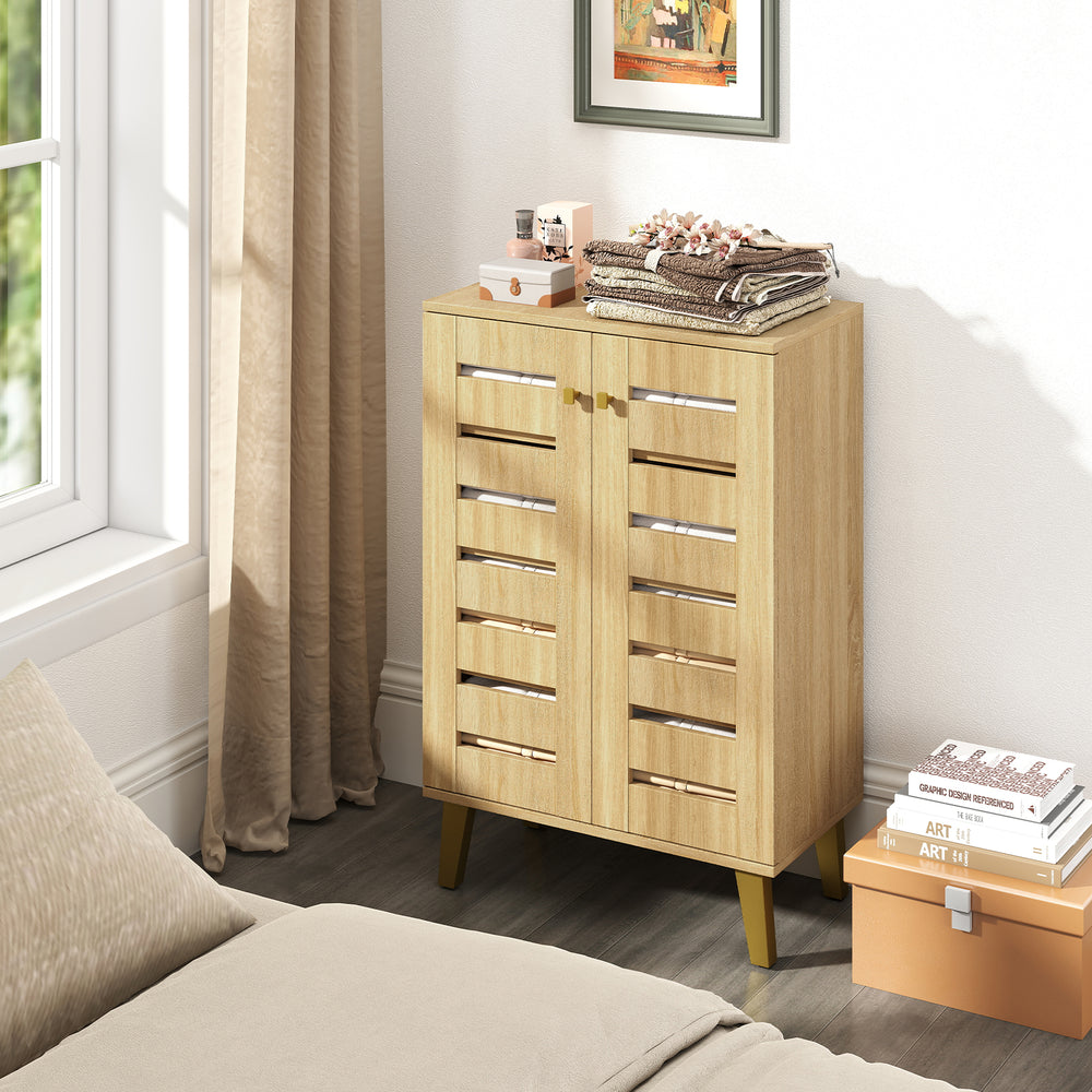 4-tier wooden shoe cabinet with louvered doors, oak finish, and removable shelves for organized storage in any room.