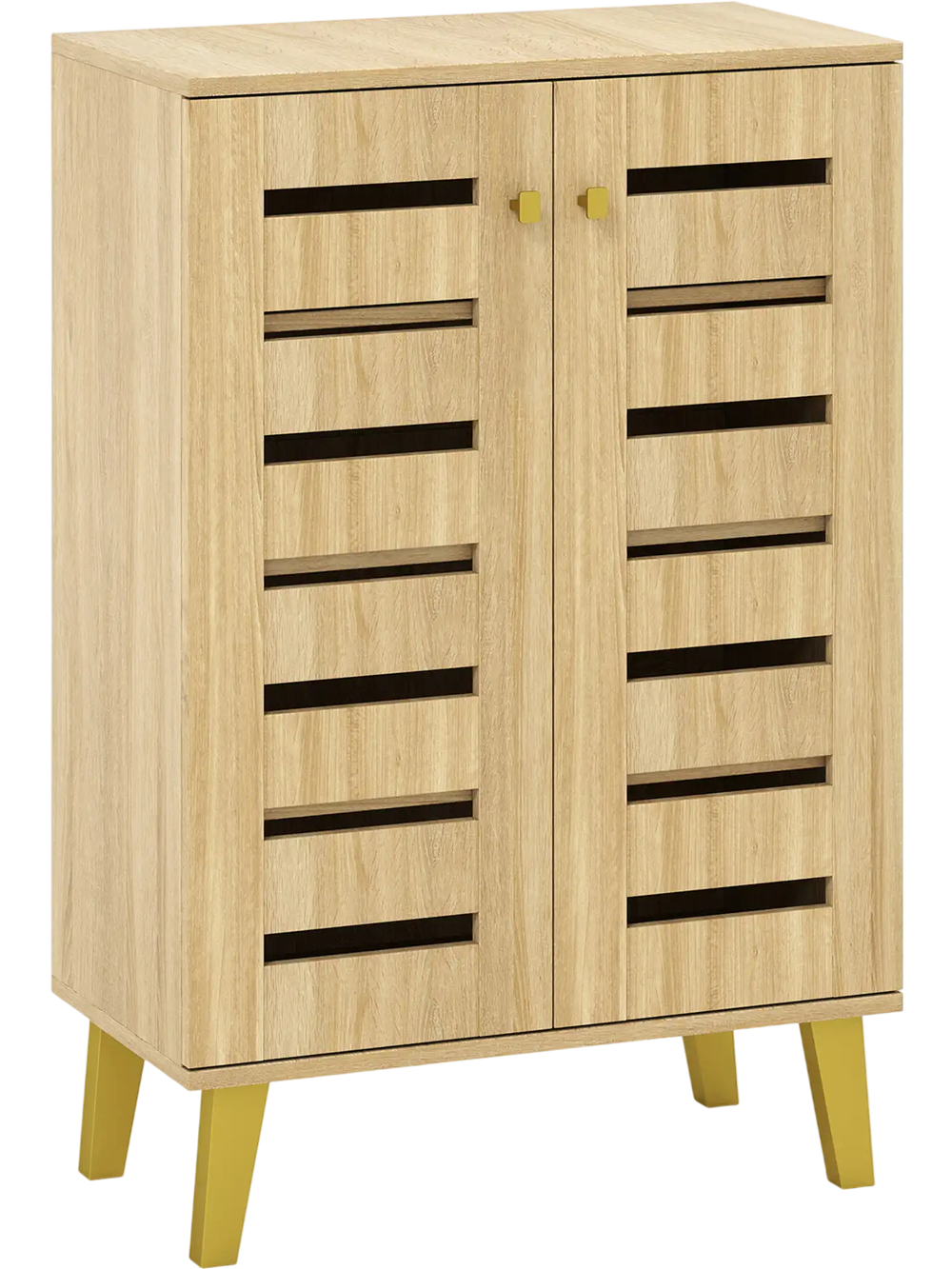 Modern 4-tier wooden shoe cabinet in oak with louvered doors, removable shelves, and yellow legs for stylish storage.