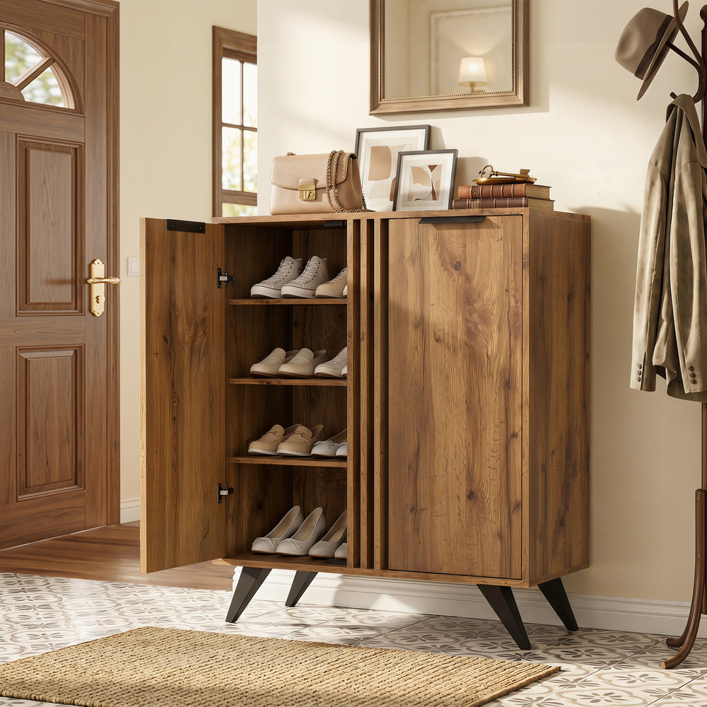 4-tier modern freestanding hidden shoe cabinet in natural wood finish with two doors, perfect for stylish entryway storage.