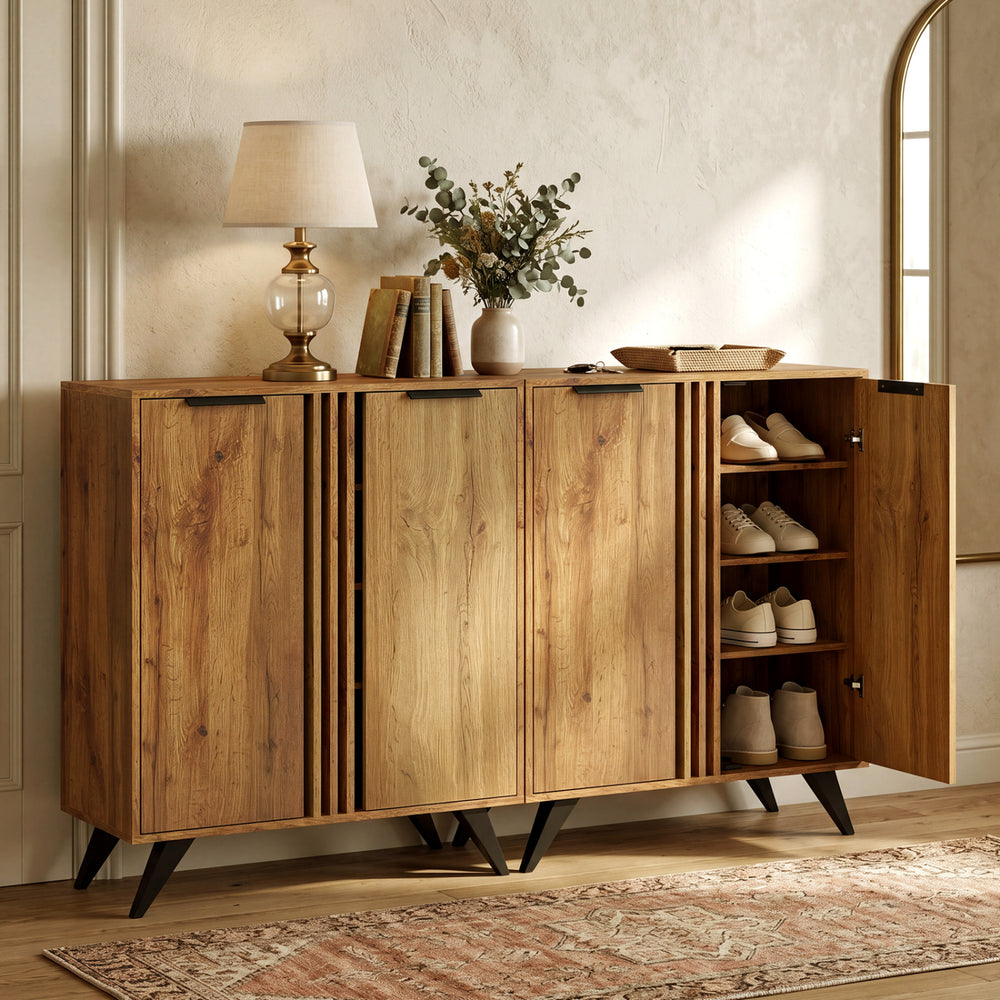 Modern 4-tier hidden shoe cabinet in natural finish with two doors, perfect for stylish entryway storage.
