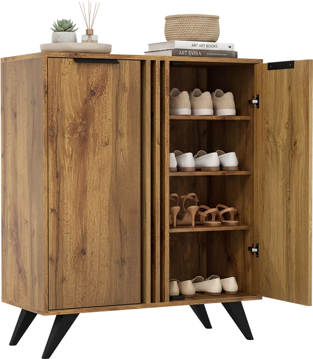 4-tier modern freestanding shoe cabinet in natural finish with 2 doors, perfect for organizing footwear in entryways.