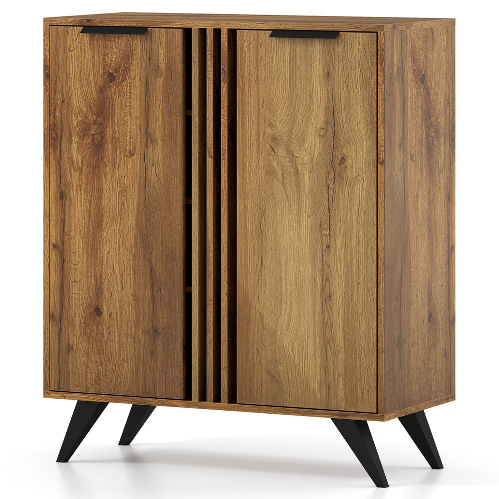 Modern 4-tier hidden shoe cabinet with natural wood finish and two doors, perfect for entryway or living room storage.