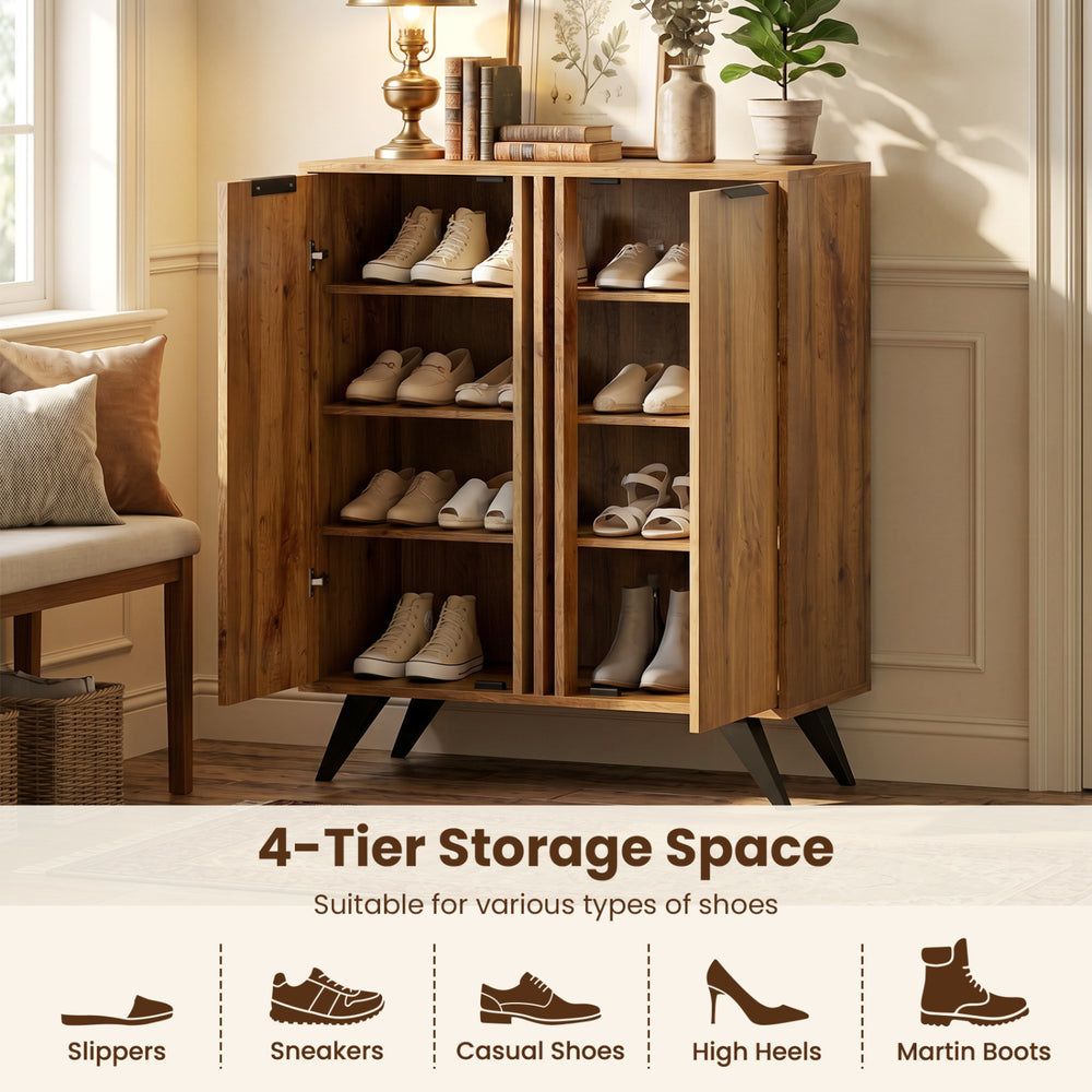 4-tier modern freestanding shoe cabinet in natural wood finish, designed for organized storage of various footwear types.