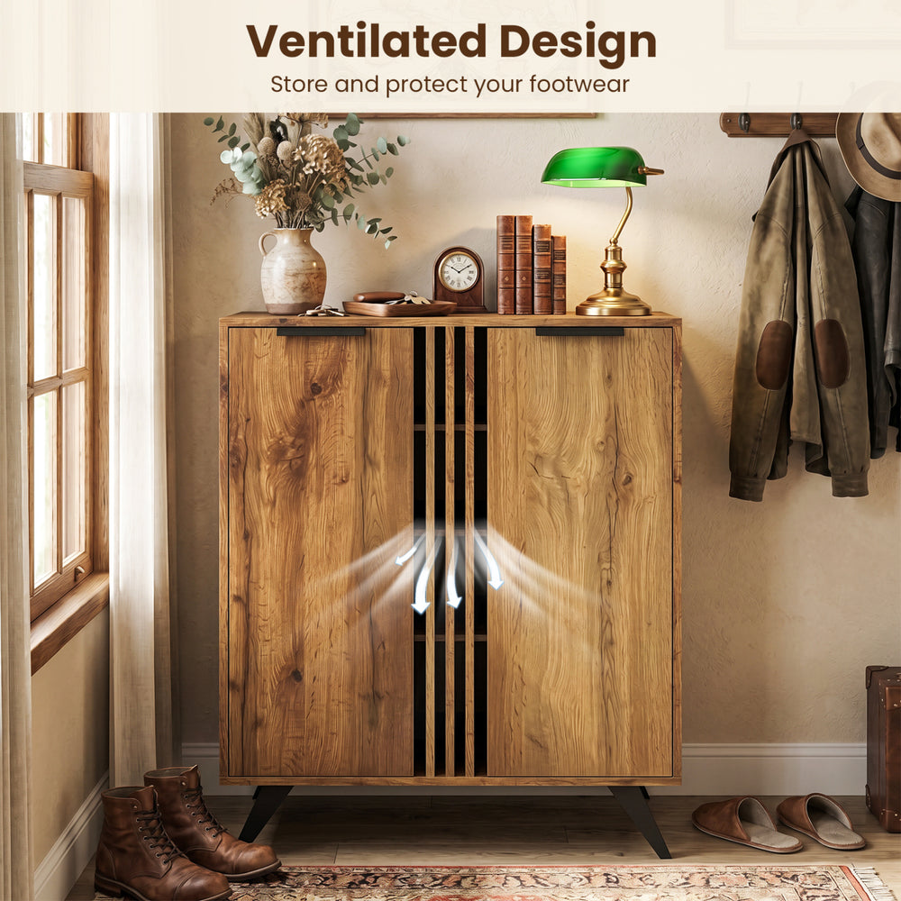 4-tier modern freestanding shoe cabinet in natural wood with ventilated design, perfect for storing and protecting footwear.
