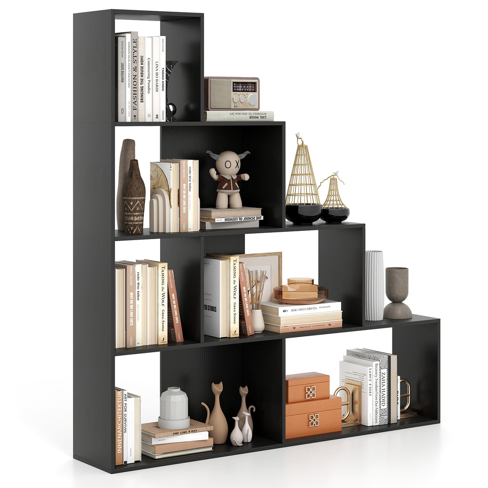 Modern 4-tier black bookshelf with 6 storage cubes, ideal for living room organization and decorative display.