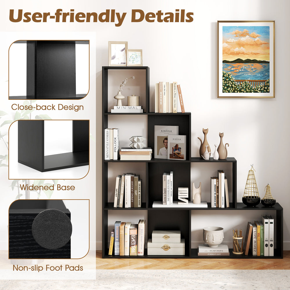 4-tier black modern stepped bookshelf with 6 storage cubes, featuring a close-back design and widened base for.