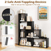 4-tier black stepped bookshelf with anti-toppling devices, perfect for living room storage and stability.
