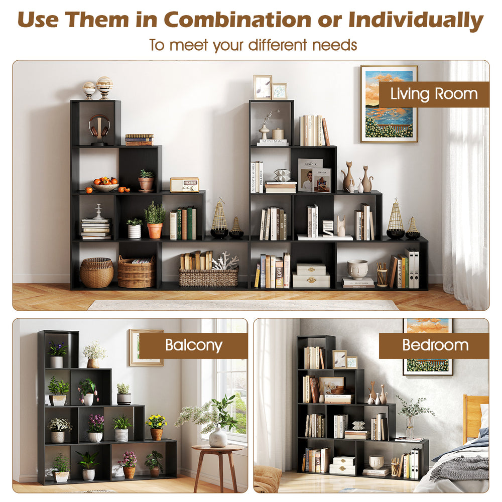 4-tier modern stepped bookshelf in black with 6 storage cubes, ideal for living room, balcony, or bedroom organization.