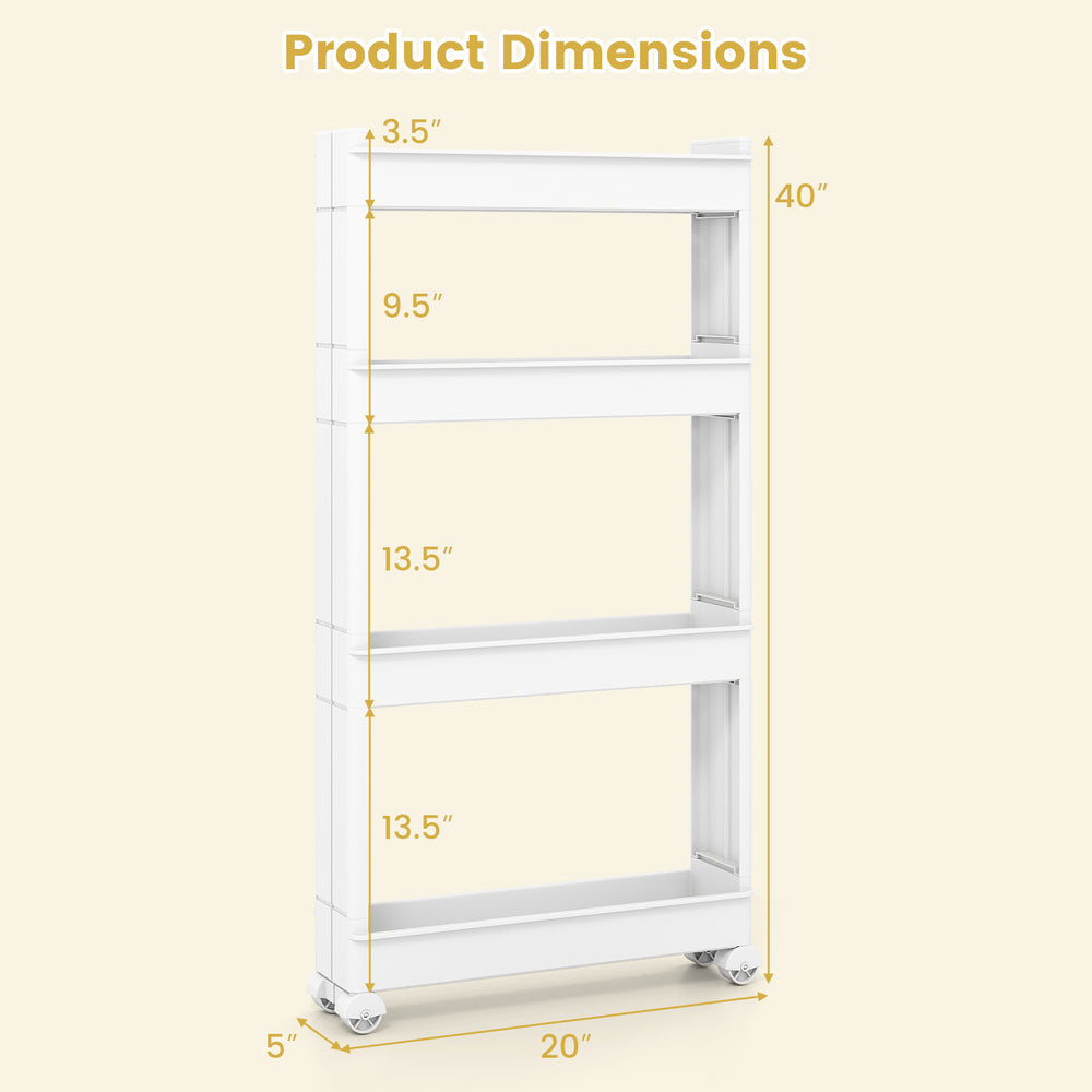 4-tier slim storage trolley in white with detachable trays and smooth wheels, ideal for kitchens and living rooms.