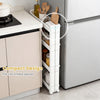 4-tier multifunctional slim storage trolley in white with detachable trays, ideal for optimizing limited kitchen space.